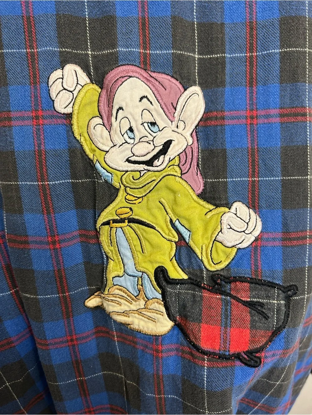 Vintage Disney Dopey Embroidered Blue/Red Plaid Long Sleeve Flannel Nightgown - Picture 3 of 7